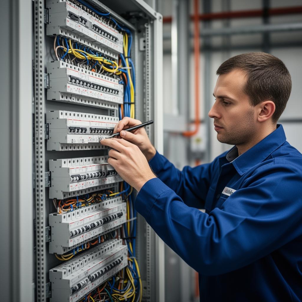 Hands using a tool while working inside an electrical panel